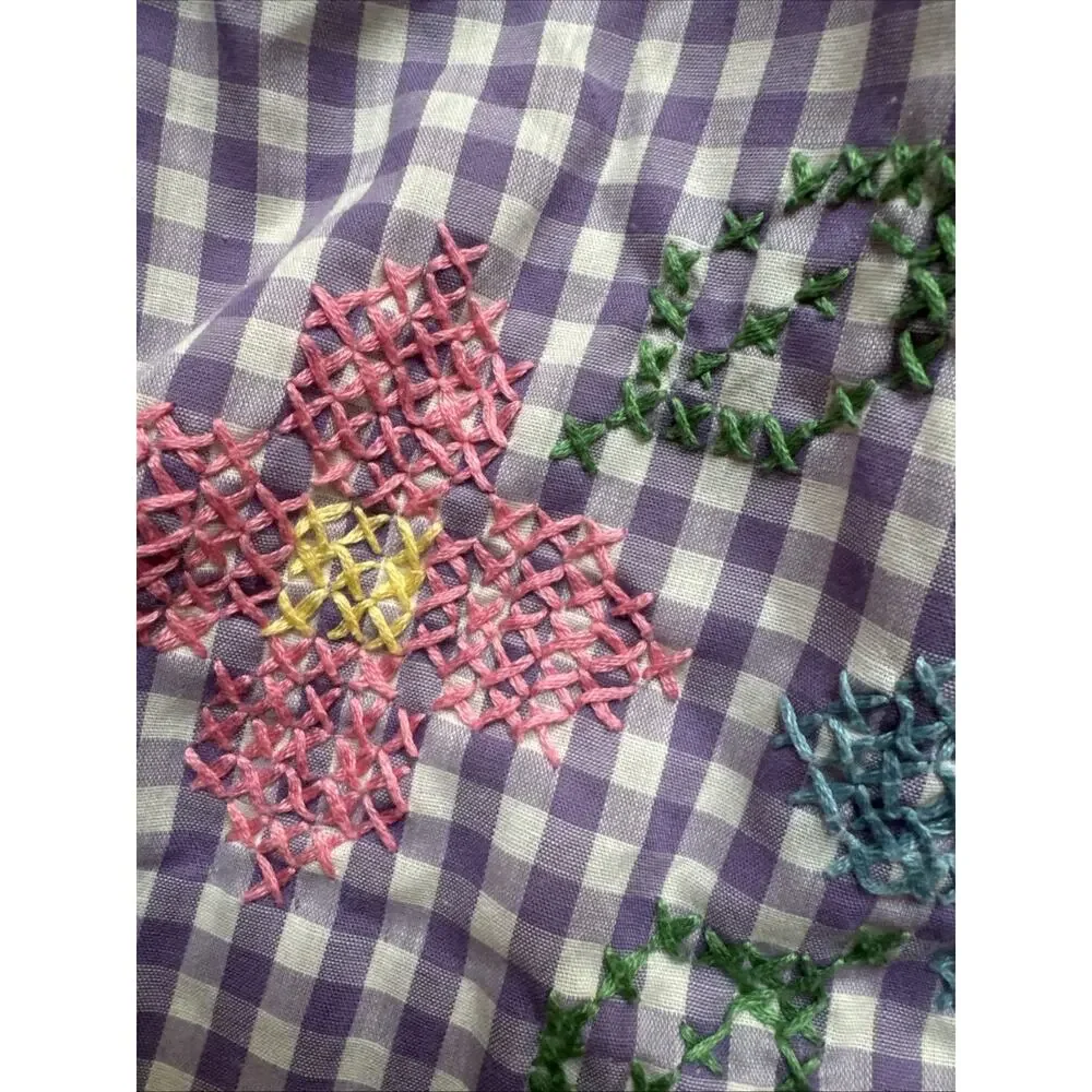 Vintage Cross Stitch Purple Gingham Half Apron Handmade Cottagecore